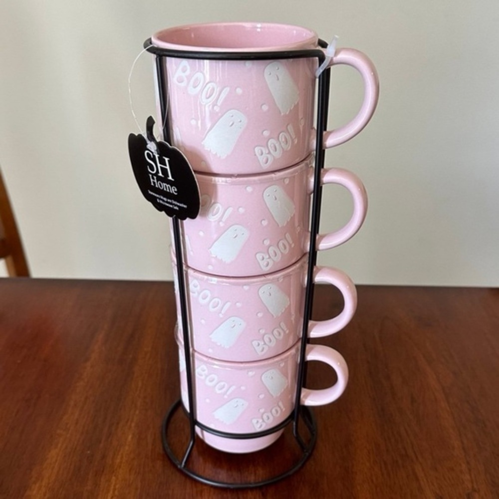 NWT Halloween Pink Boo Ghost Stackable Mugs | BRAND NEW